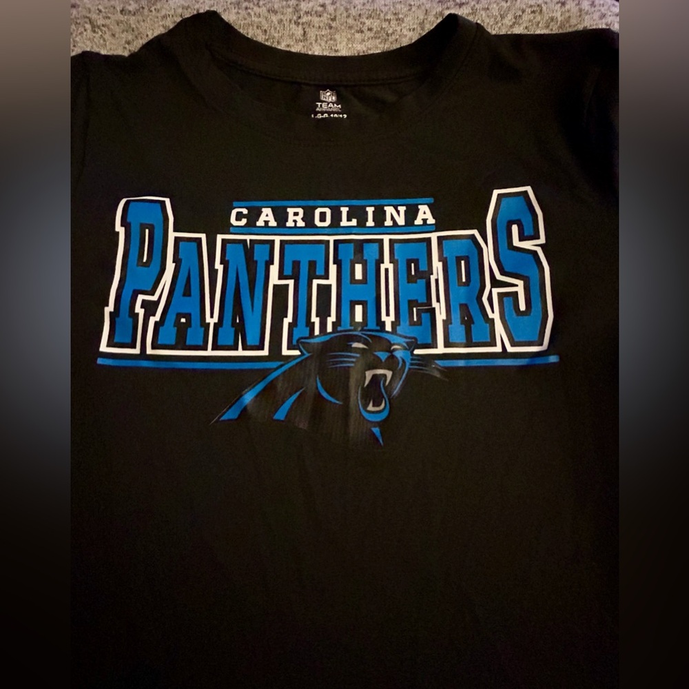 Carolina Panthers Boys Youth Large 10/12 T-shirt Black NFL Team EUC